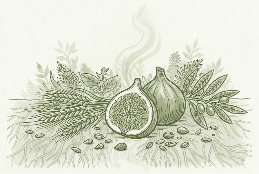 Botanical illustration of fig, wheat and seeds representing nourishing food
